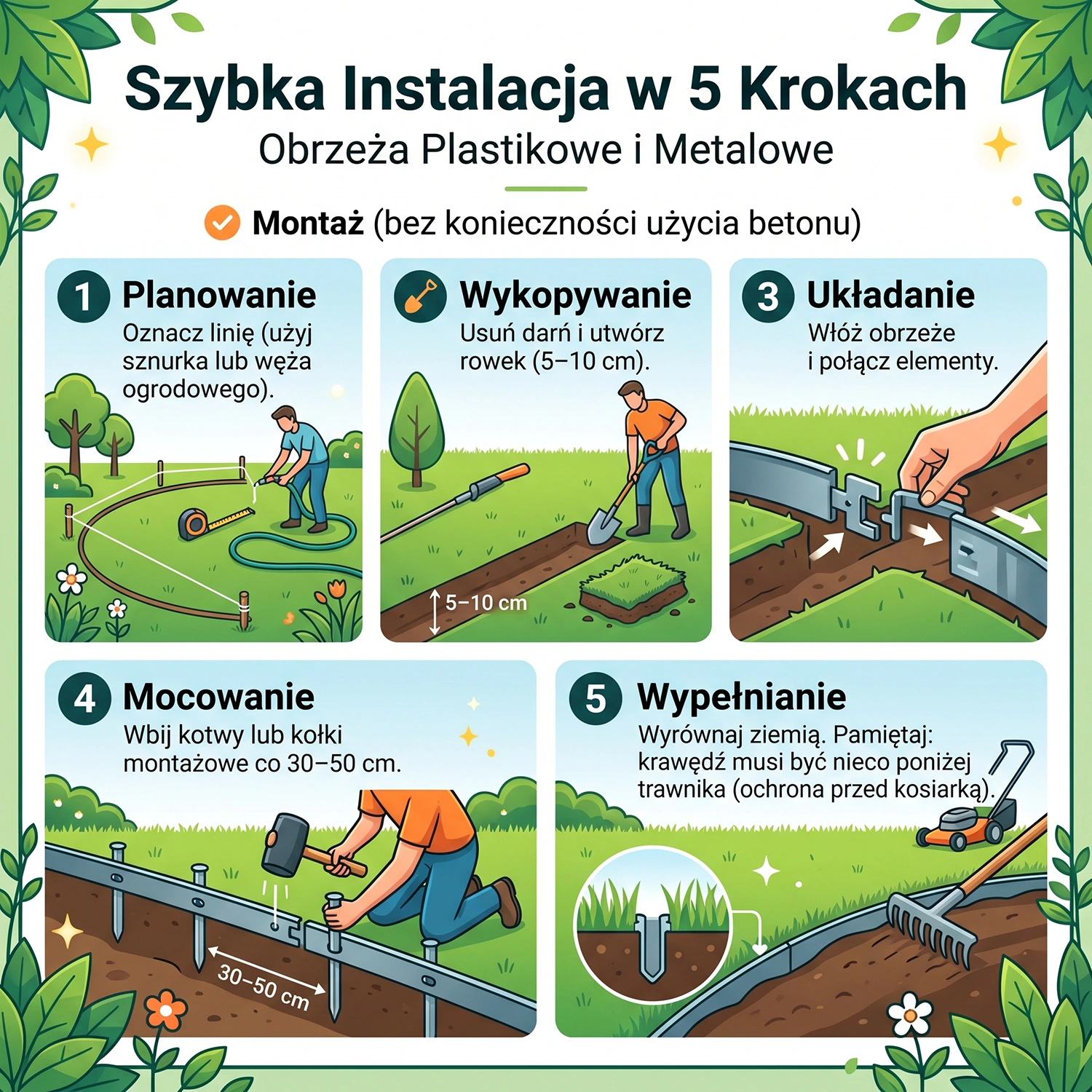 5 kroków samodzielnego montażu obrzeży plastikowych i metalowych bez betonu.