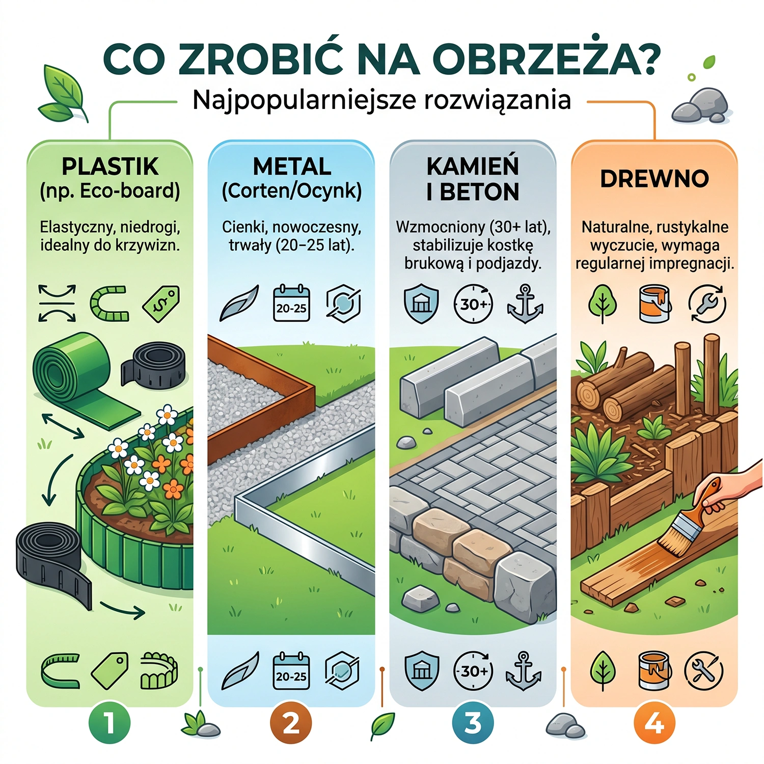 Przegląd materiałów na obrzeża: elastyczny plastik, metal, kamień oraz drewno