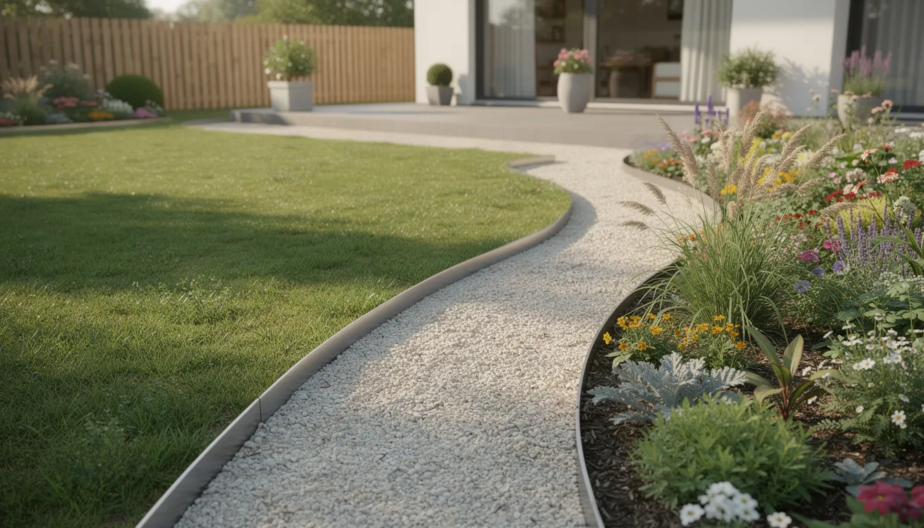 W ogrodzie przydomowym widoczne są stalowe obrzeża, które oddzielają zadbany trawnik od żwirowej ścieżki oraz rabaty z bylinami, tworząc schludny i estetyczny wygląd przestrzeni zielonej. Konstrukcja obrzeży zapewnia stabilność oraz ułatwia koszenie trawnika, spełniając specyficzne wymagania każdego ogrodu.