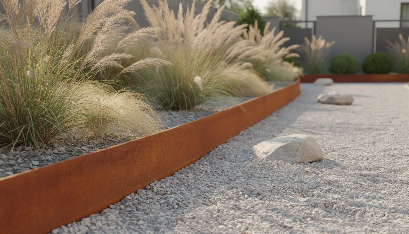 Na zdjęciu znajduje się nowoczesny ogród z rdzawym stalowym obrzeżem Corten, które otacza żwirowe ścieżki oraz ozdobne trawy. Całość tworzy schludny wygląd, a innowacyjna konstrukcja obrzeża zapewnia stabilność i trwałość w aranżacji przestrzeni zielonych.