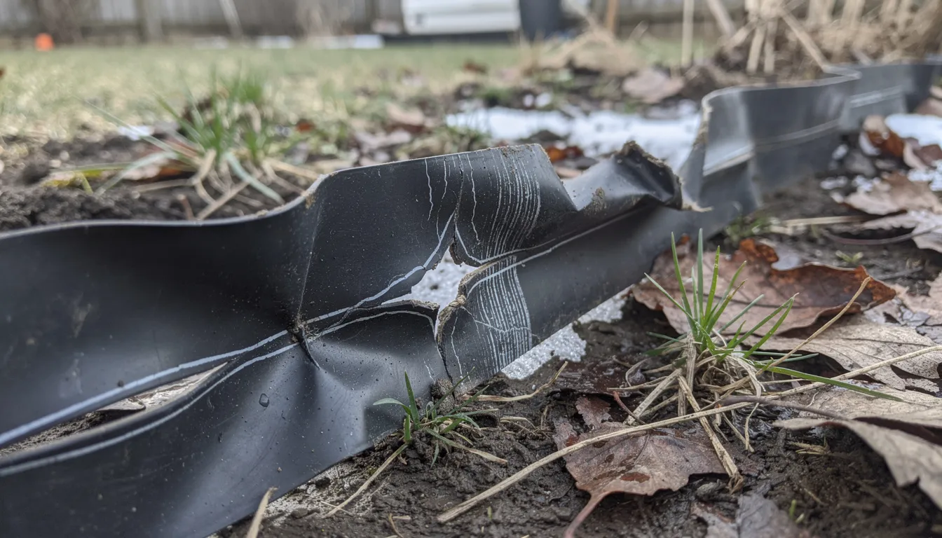 Na zdjęciu widać zniszczone plastikowe obrzeże ogrodowe, które ma widoczne pęknięcia i deformacje, spowodowane trudnymi warunkami atmosferycznymi zimy. Obrzeże trawnikowe, które powinno zapewniać stabilność i schludny wygląd, wymaga wymiany ze względu na swoją niską trwałość.