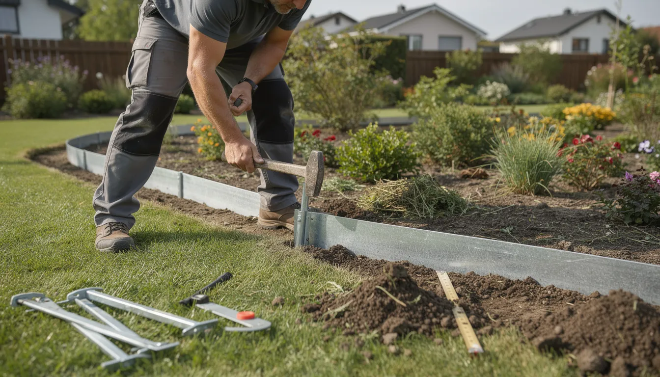 Na zdjęciu widoczna jest osoba, która wbija metalowe kotwy do gruntu, montując stalowe obrzeża trawnikowe. Ta innowacyjna konstrukcja zapewnia prostotę instalacji oraz stabilność, co jest istotne dla prawidłowego ułożenia obrzeży w ogrodzie.